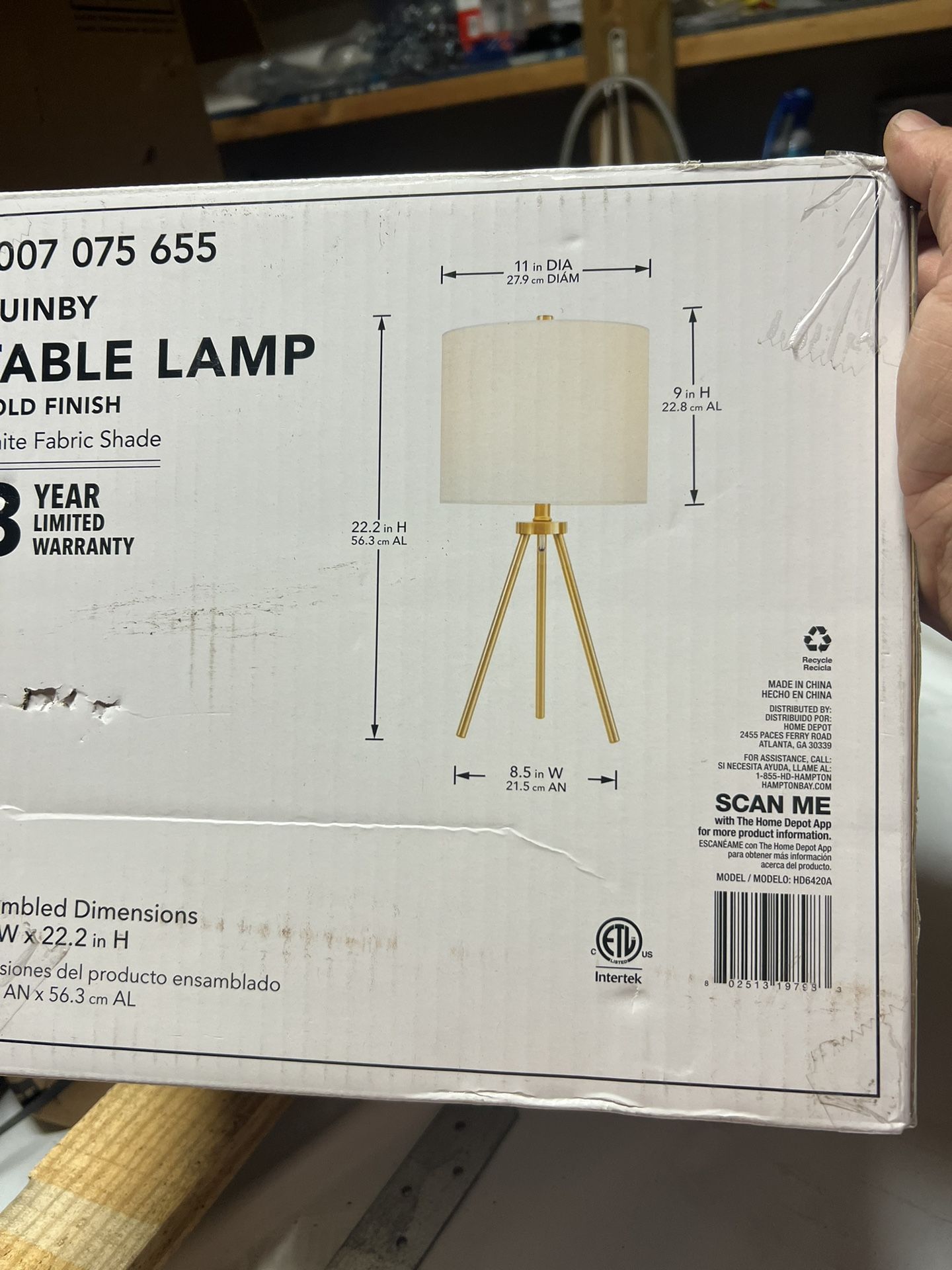 Hampton Bay Quinby 22inch gold Tripod Table Lamp With White Fabric Shade