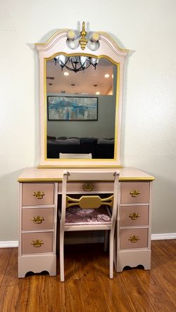 Vintage stick pink dresser with mirror and chair