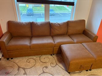 Faux Leather Couch with USB charger and 2x Storage Ottomans