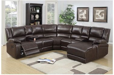 5pcs Brown Bonded Leather Reclining Sofa Set Includes a Push-back Chaise