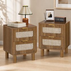 Wooden Nightstands Set of 2 with Rattan Drawers, Bedroom Bedside End Tables