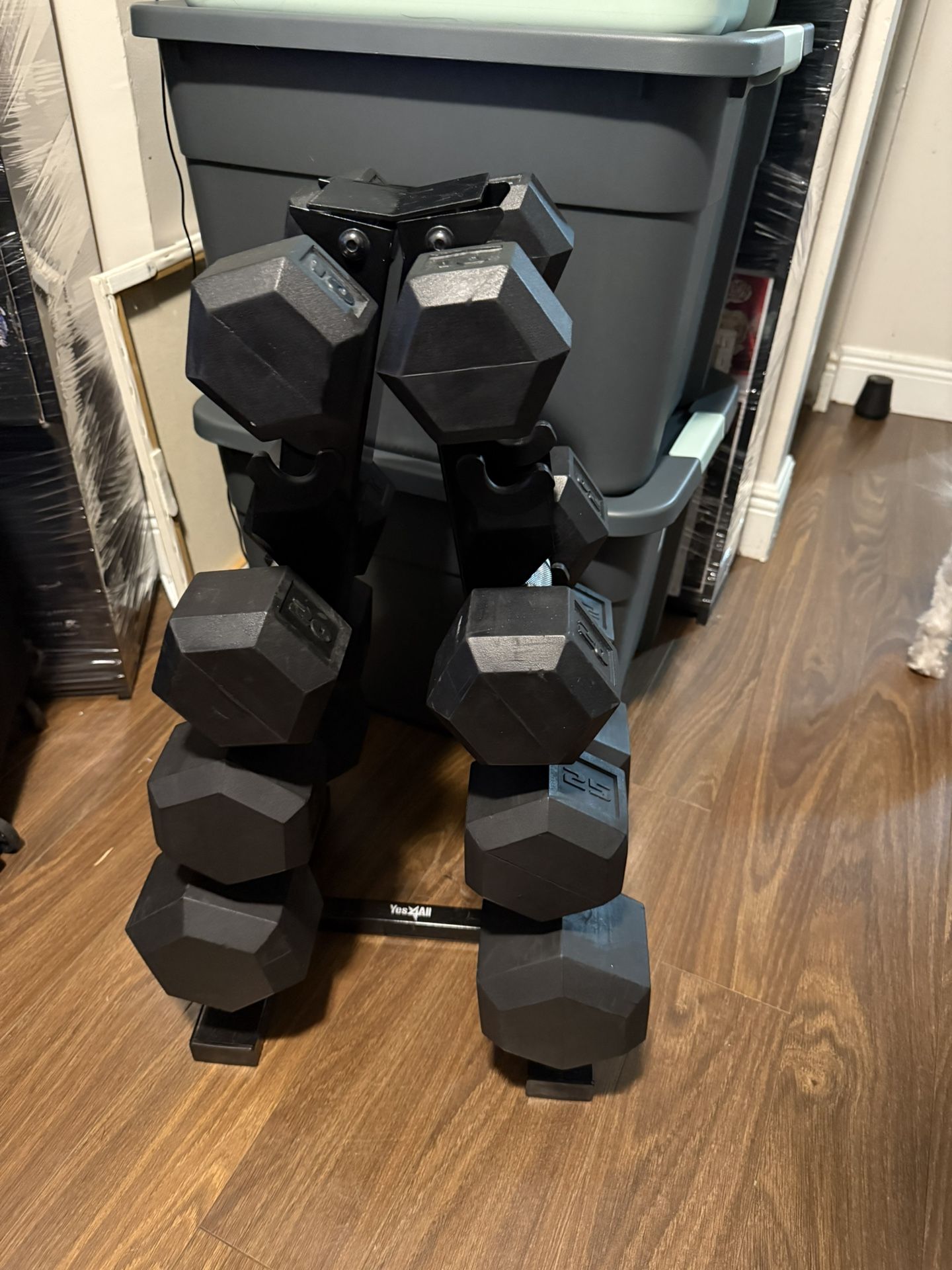 Hex Dumbbell Set with Stand – 10lb, 20lb, 25lb, 35lb – $225 (Total 8 Dumbbells + Rack)