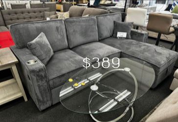 Beautiful‼️2-Pc Gray Corduroy Sectional Sofa With Storage, Pullout Bed, And USB Port