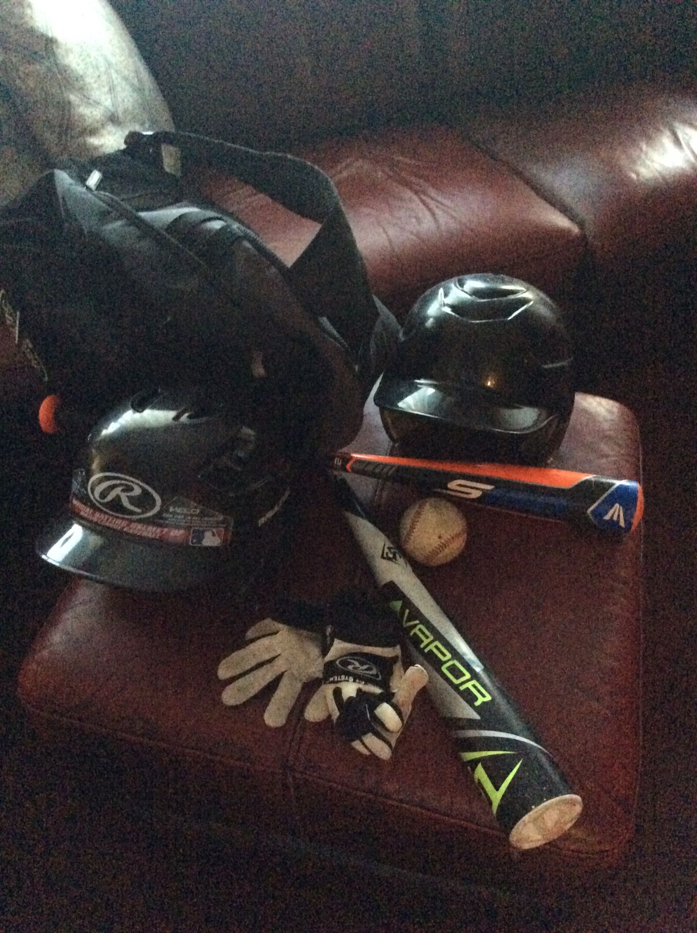 2 baseball bats,2 cascos, 1 mochila y un par de guantes