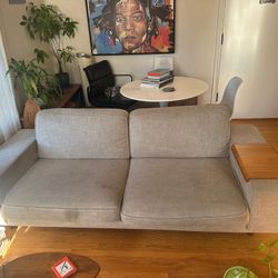 Modern Gray Sofa with Built-In Wood Arm Trays, West Elm Style