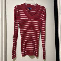 Basic Editions Striped V-Neck Long Sleeve Sweater (Red w/ White Stripes)