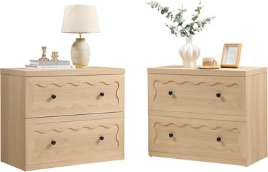 Light Oak Scallope Nightstand Set of 2- Farmhouse Modern Organic Antique Minimalist Bedroom Bed Side Table Wide Bedside Table Wooden End Table Unique 