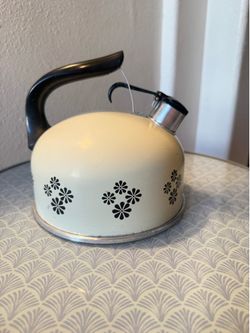 Vintage Revere Ware Cream Flower Whistling Aluminum Teapot