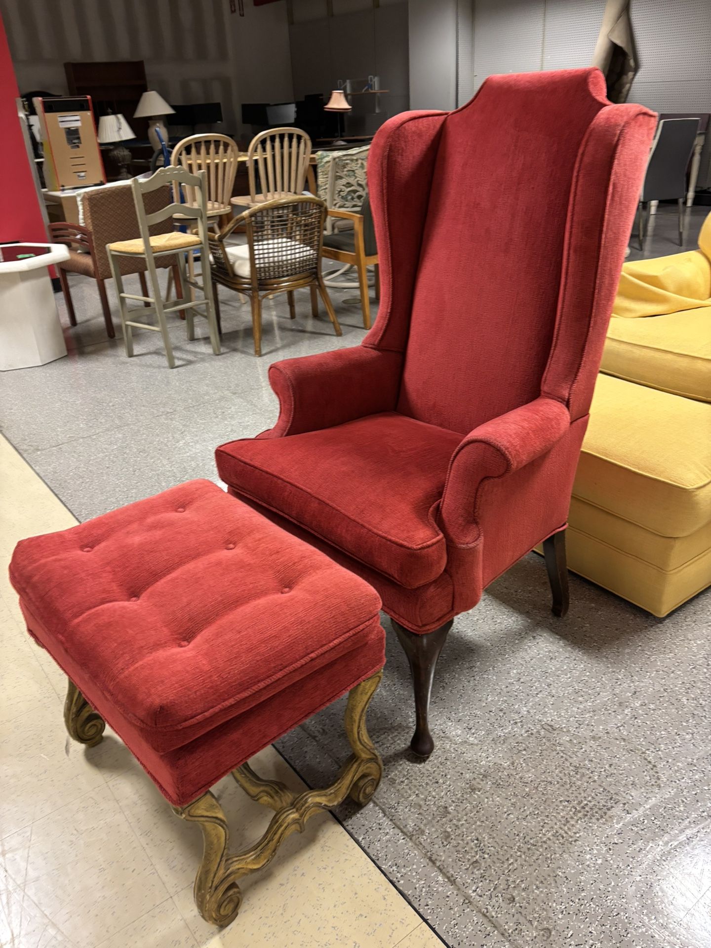Red Wingback Chair With Matching Ottoman – Elegant & Comfortable