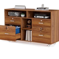 VINGLI Wide 4 Drawer Lockable Rolling File Cabinet with Open Shelves - Walnut Wood Lateral File Cabinet Printer Stand for Home Office, Letter Sized