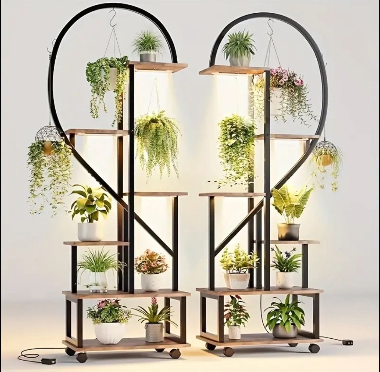 2-Pack 6-Tier Metal Plant Stand with Wheels & Built-In Grow Lights - Half-Heart Shape Indoor Shelf,