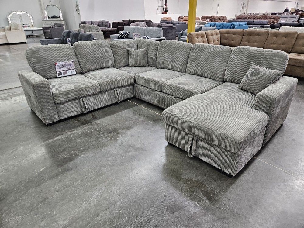 Brand New Large Sectional With Pull Out Bed, Storage & USB OUTLET Corduroy Fabric $899