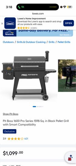 Pit Boss 1600 Pro Series 1598-Sq. in Black Pellet Grill with Smart Compatibility