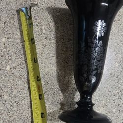 Vintage Black Amethyst Glass Bud Vase with Sterling Silver Overlay Flowers Art Deco