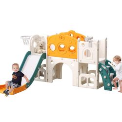 8 in 1 Toddler Slide, Outdoor Indoor Playset for Kids Baby Age 1-3, Childs Climber Slide with Storage Space and Non-Slip Steps, Basketball Hoopa and T