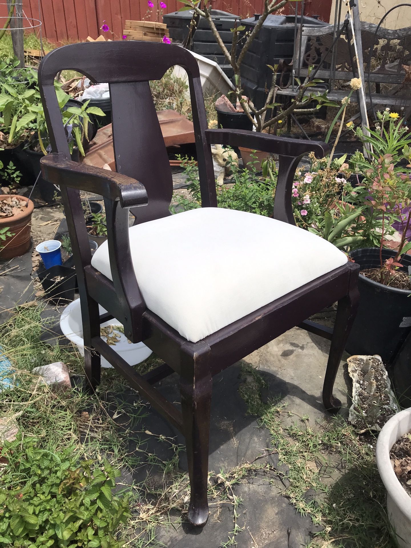 Vintage Wooden Chair With Newly Upholstered White Cushion