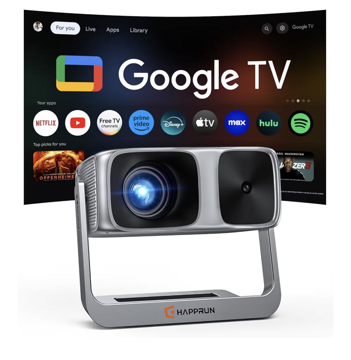 HAPPRUN 4K Smart Projector – 2000 ANSI – Google TV – BRAND NEW (Open Box)