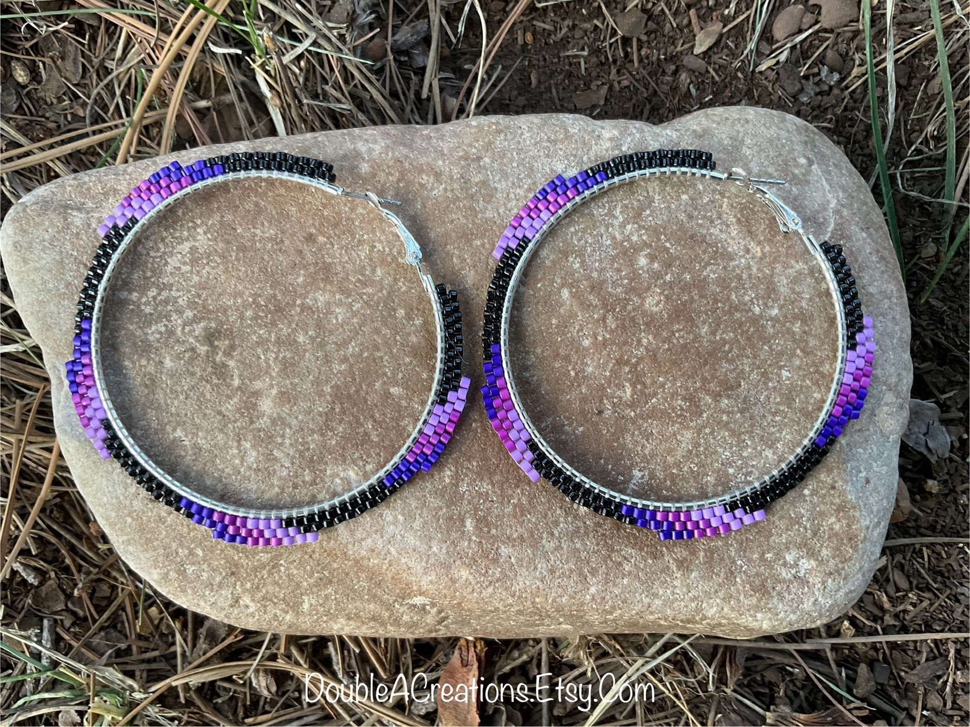 Purple Wave Beaded Hoops, New, Handmade By Me