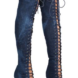 New Women Liliana Opus-1A Denim Thigh High Peep Toe Lace Up Stiletto Boot