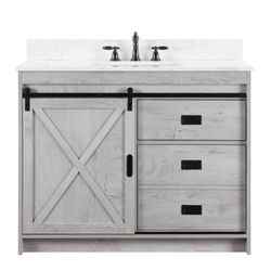 42” Farmhouse Bathroom Vanity – White Wash w/ Carrara Top – New Open Box Delivery Available