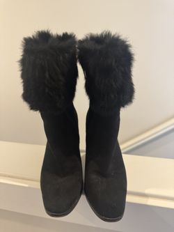 Via Spiga Black Suede Boots with Oversized Fur Cuffs – Women's Designer Boots