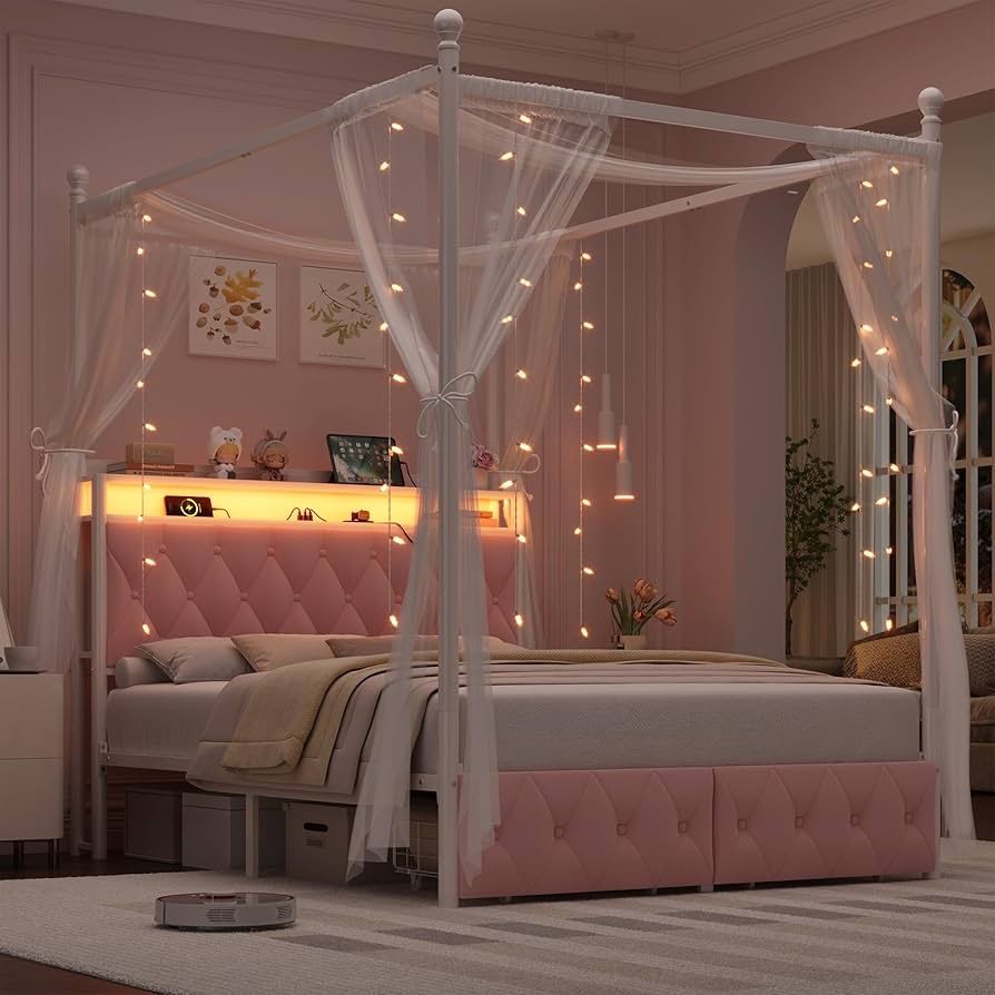 Queen Size Upholstered LED Canopy Bed Frame with Storage and Charging Station, Button Tufted Storage Headboard with Bookshelf, Two-Use Metal Platform 