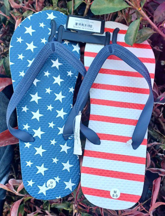 Independence Day,  4th Of July, Red, White & Blue Slippers, Flip Flops - Size M 8-9