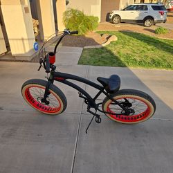 Men's Sikk SS Aluminum Black Frame Red Wheels 7 Speed Fat Tire UFO Beach Cruiser