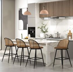 Bar Stools Set of 4 Rattan Swivel 29" Height Barstools for Kitchen Counter Island Mid Century Modern Boho Bar Stool Chairs with Metal Legs Woven Stool