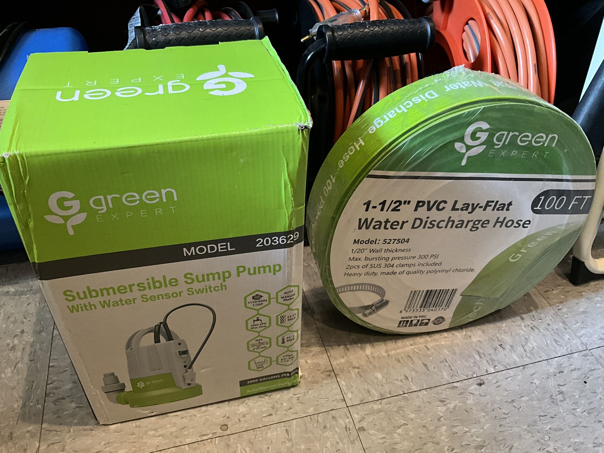 Green Expert Submersible Sump Pump With Water Sensor Switch + 100 Ft PVC Lay-Flat Hose