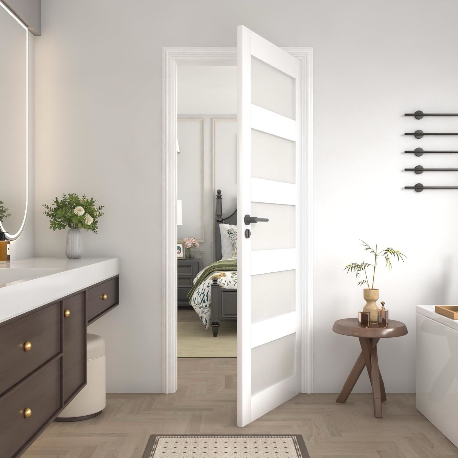 30"x 80" Interior Slab Door, 5-Lite Glass French Door Slab, Pre-Assembled White Primed Solid Core Panel w/o Prehung Jamb, for Pantry Closet