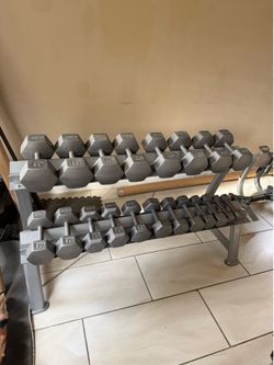 Ivanko hex iron dumbbells 5-50lbs plus commercial rack 550lbs total