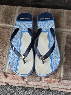 Tory Burch Flip Flops Women's Size 9 Blue Geometric Pattern