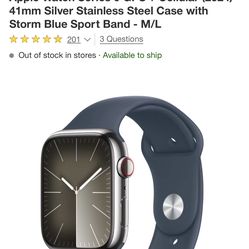 Apple Watch Series 9 GPS + Cellular  41mm Silver Stainless Steel Case with Storm Blue Sport Band