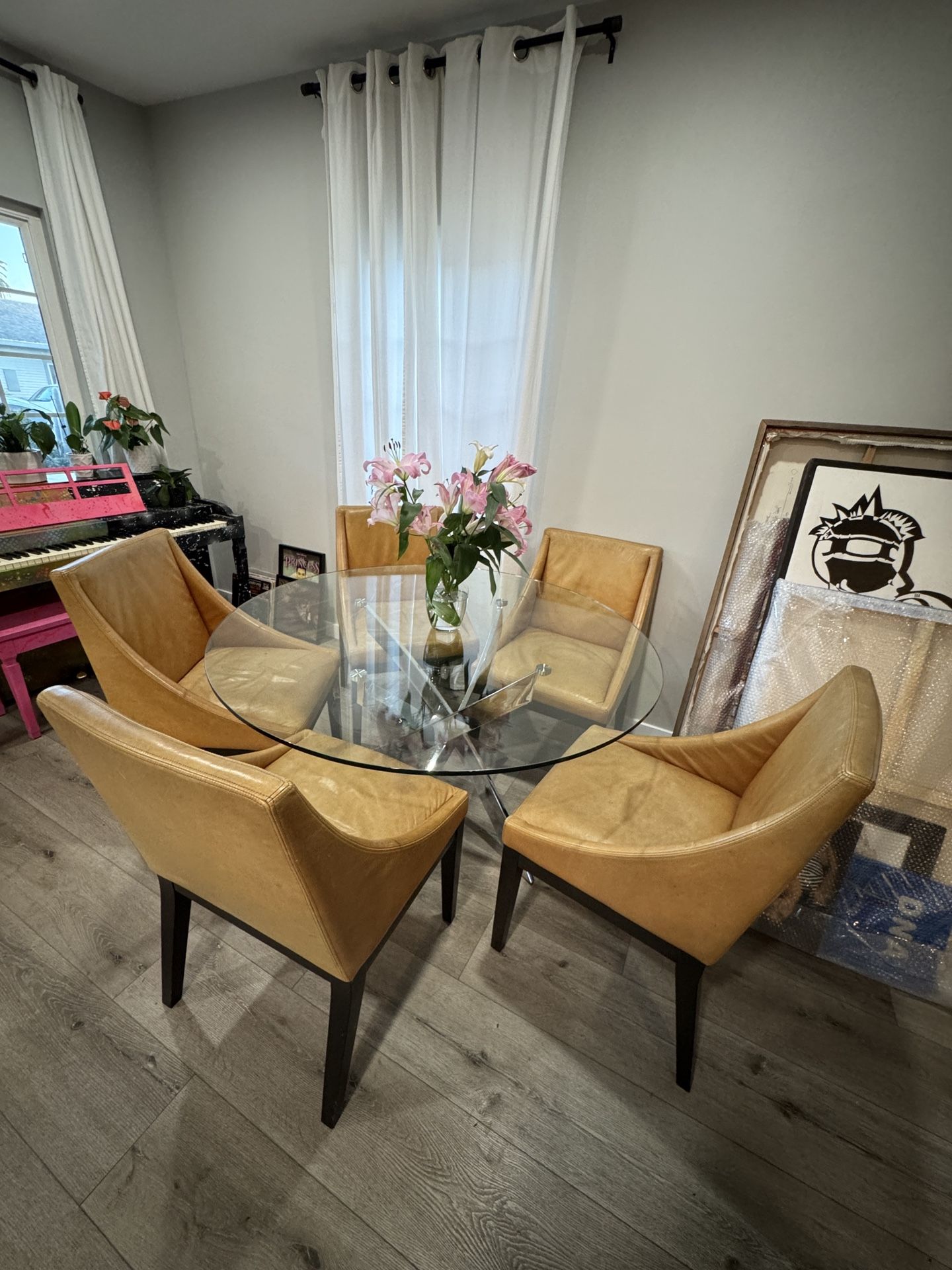 Glass Chrome Dining Table + Five Leather Chair