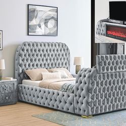 Queen Bed Frame W Fireplace, &  Tv Lift 