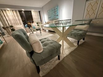 3-Piece Modern Glass Dining Set – Round Table & 2 Tufted Velvet Accent Chairs