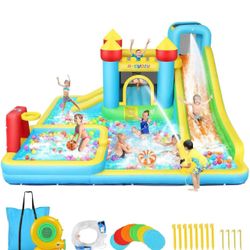 AKEYDIY Inflatable Water Slide Bounce House for Kids 3-12, Mega Water Bounce House Park w/ 2 Slides, Splash Pool & Deep Pool, Basketball Hoop, Water C