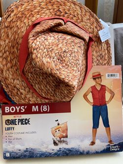 One Piece Luffy Costume | Boys Size M (8) | Complete 3-Piece Set | New