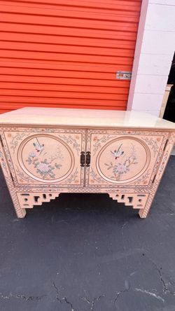 Asian-Style Hand-Painted Cabinet with Crane Motif