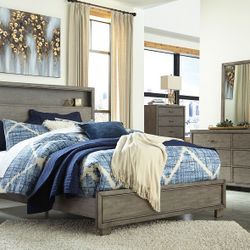 *Arnett-Gray-7 Pc.Dresser-Mirror-Chest-Queen Bookcase Bed-2 Nightstands^*