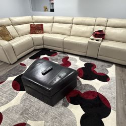 Leather Ivory Sofa With Power Recliner And Power Headrest