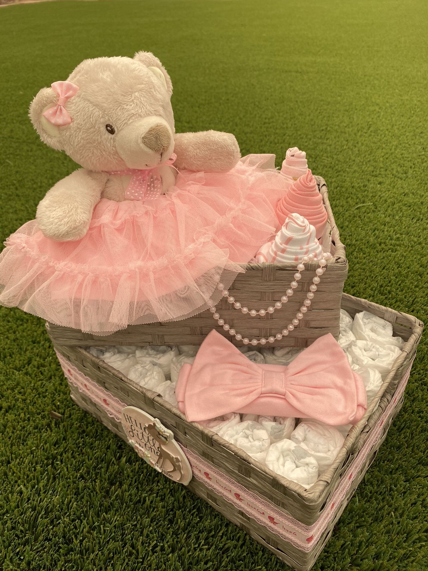 Pink Baby Girl Diaper Basket with Stuffed Teddy Bear, Two Tier Diaper Gift Basket with Decorations