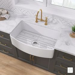 301810S White Farmhouse Sink 30 inch Curved Apron Front Farm Sink Fireclay