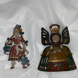 2 Antique Angel & Girl With Doll Kuhn Zinn Pewter Christmas Ornament Germany