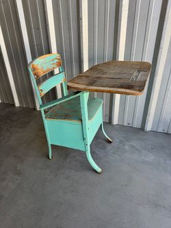Vintage Children’s School Desk & Chair Combo – Turquoise Metal Wood