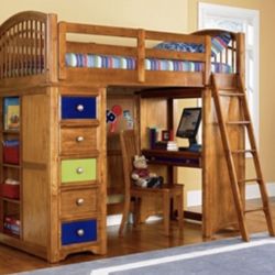 Wooden Bunk Bed With Desk Area, Light Bar, And Drawers