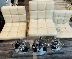 Set of 3 Cream Tufted Adjustable Bar Stools