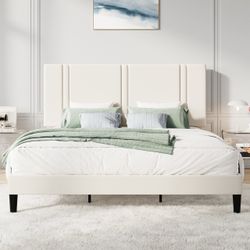 Amolife Full Bed Frame, Platform Bed with Upholstered Velvet Adjustable Headboard, Wooden Slats, Easy Assembly, White