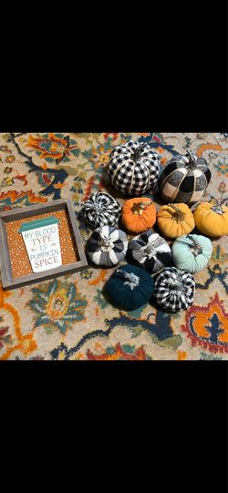 Fall Halloween decor bundle. Pumpkin spice wooden sign and stuffed mini target pumpkins. Some scuffs to edges of sign. $10 for all